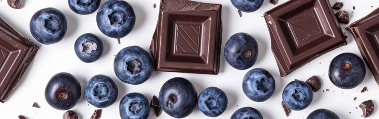 Fresh Blueberries and Dark Chocolate Pieces on White Background for Healthy Indulgence. top view....