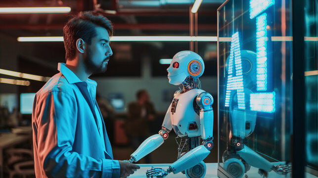 In an innovative startup environment, an entrepreneur discusses the potential of AI-driven robotics next to a humanoid robot proudly displaying the "AI" insignia, embodying the ent