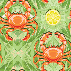 Vector, seamless pattern of green fresh salad, sour lemon and crab gifted by the sea.