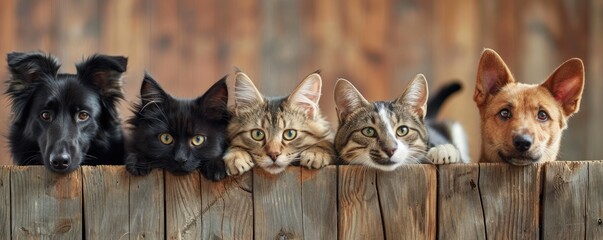 The picture of front view and close up of the multiple group of the various cat and dog in front of the wood object background that look back to the camera with the curious and interest face. AIGX03.