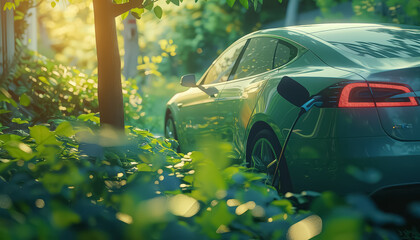 A green car is parked in a forest