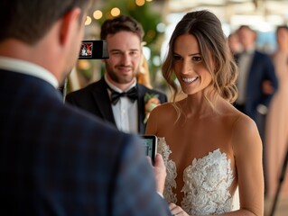 A man is taking a picture of a bride and groom. The bride is smiling and the groom is wearing a tie