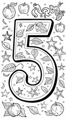 Alphabets & Numbers: A coloring book page with the number '5' prominently displayed and five