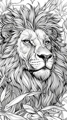 Animals: A coloring book page featuring a majestic lion