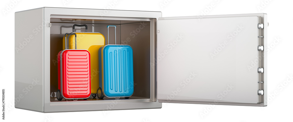 Poster luggage storage, concept. suitcases inside safe with combination lock. 3d rendering isolated on tran