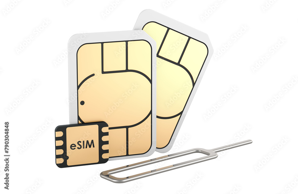 Poster sim cards with eject pin, 3d rendering isolated on transparent background