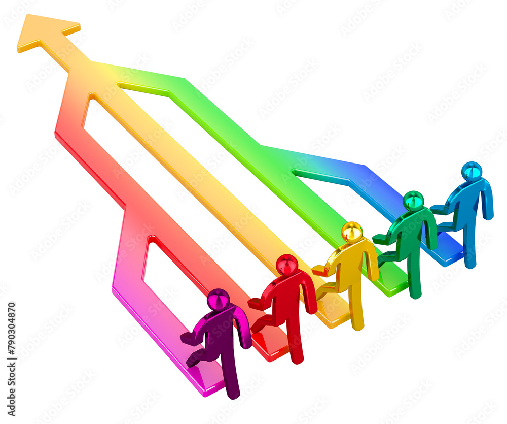 Poster synergy arrow with stick figures. 3d rendering isolated on transparent background