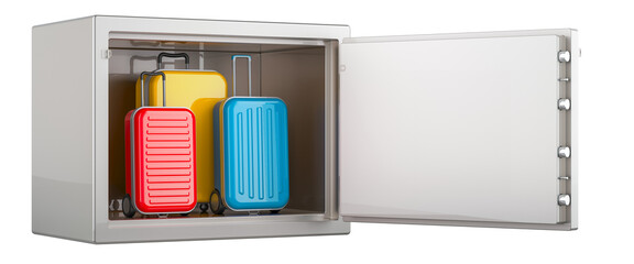 Luggage storage, concept. Suitcases inside safe with combination lock. 3D rendering isolated on transparent background