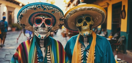 Two men dressed in Cinco de Mayo festival attire posed for a photo on the street in the city.