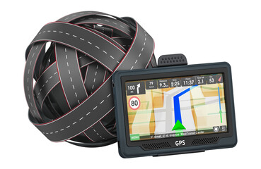 Roads knot with GPS navigation device. 3D rendering isolated on transparent background