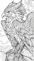 Fantasy Creatures: A coloring book page featuring a fierce and mighty griffin