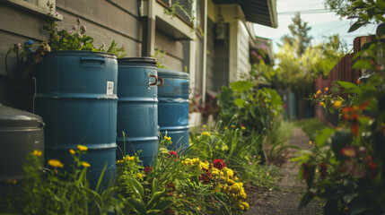 Rain Barrels Collecting Water Residential Area