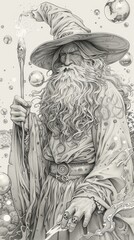 Fantasy Creatures: A coloring book page showcasing a powerful wizard casting a spell with a wand