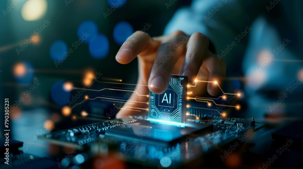 Poster A hand holding an AI processor in its hand reflects a future where technology is becoming a part of our daily lives.