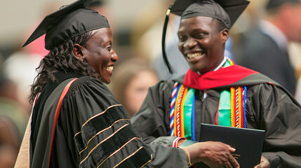 A close-up shot of a beaming graduate shaking hands with a smiling professor while receiving their diploma.
