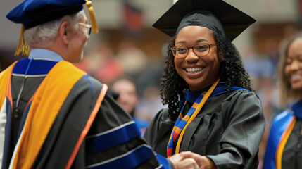 A close-up shot of a beaming graduate shaking hands with a smiling professor while receiving their diploma.
