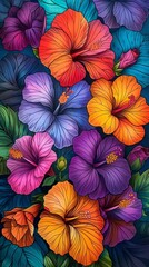 Flowers: A cluster of hibiscus flowers with their bold, tropical colors