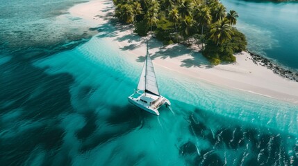 A catamaran sailing into a tropical paradise, with white sandy beaches and swaying palm trees beckoning travelers to explore their pristine shores. - obrazy, fototapety, plakaty
