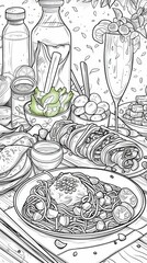 Food: A coloring book page depicting a selection of international dishes