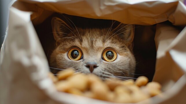 A chubby Scottish Fold cat peeking out from behind a bag of treats, its round eyes filled with anticipation.