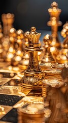 A golden chess set with pieces representing financial icons banks, stock markets, strategic wealth management, opulent setting