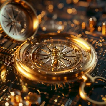 A golden compass pointing towards financial icons stocks, bonds, real estate, navigating through the investment landscape, exploratory theme