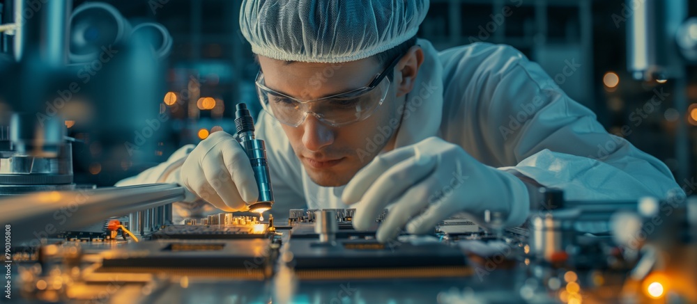Poster a laboratory technician in a white coat and goggles conducts quality testing of manufactured chips a