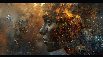 A head composed of puzzle pieces, some missing, with light shining through the gaps