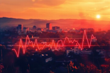 A heartbeat pulsing through a landscape, weaving through hospitals and homes, conceptual, connecting care everywhere, sunset hues - obrazy, fototapety, plakaty