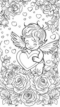 Holidays & Celebrations Coloring Book: A coloring page depicting a Valentine's Day scene with hearts