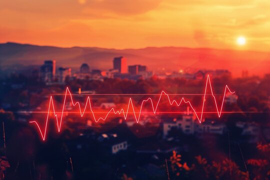 A heartbeat pulsing through a landscape, weaving through hospitals and homes, conceptual, connecting care everywhere, sunset hues