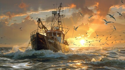 A fishing trawler returning to port at dawn, its nets heavy with the day's catch as seagulls swoop and dive in search of scraps. - obrazy, fototapety, plakaty
