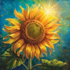A radiant sunflower with golden petals turning towards the sun, seeds visible at the center, emblematic of organic growth and energy