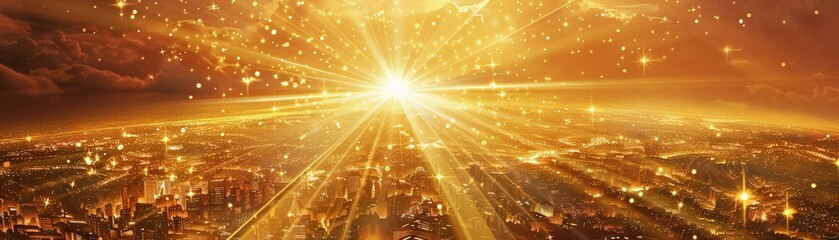 A radiant sun made of gold, with rays beaming down on a landscape of prospering businesses and homes, nurturing growth - obrazy, fototapety, plakaty