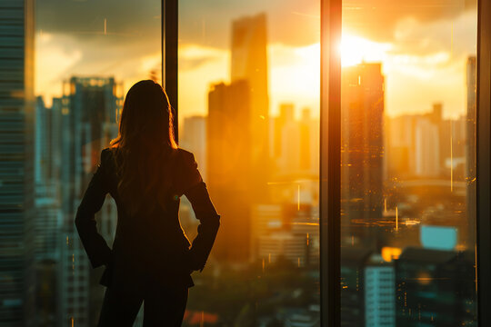 A stylish woman in a suit gazes at the city skyline through a window, bathed in golden sunlight,