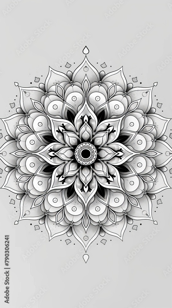 Poster mandala coloring book (grayscale): a beautiful circular mandala design featuring intricate patterns 