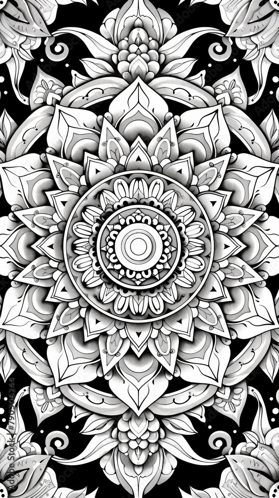 Poster mandala coloring book (grayscale): a mandala design featuring geometric patterns and repeating shape