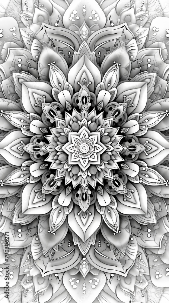 Poster mandala coloring book (grayscale): a mandala design featuring intricate patterns and abstract shapes