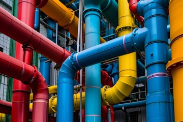 This photo captures the vibrant colors and numerous pipes inside a spacious industrial building, Brightly colored industrial pipes weaving together intricately, AI Generated