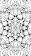 Mandala Coloring Book (grayscale): A mandala design featuring intricate patterns inspired by nature