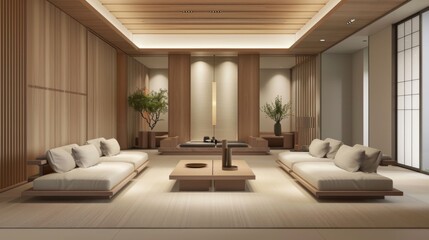 A serene and modern living space with minimalist design and natural tones