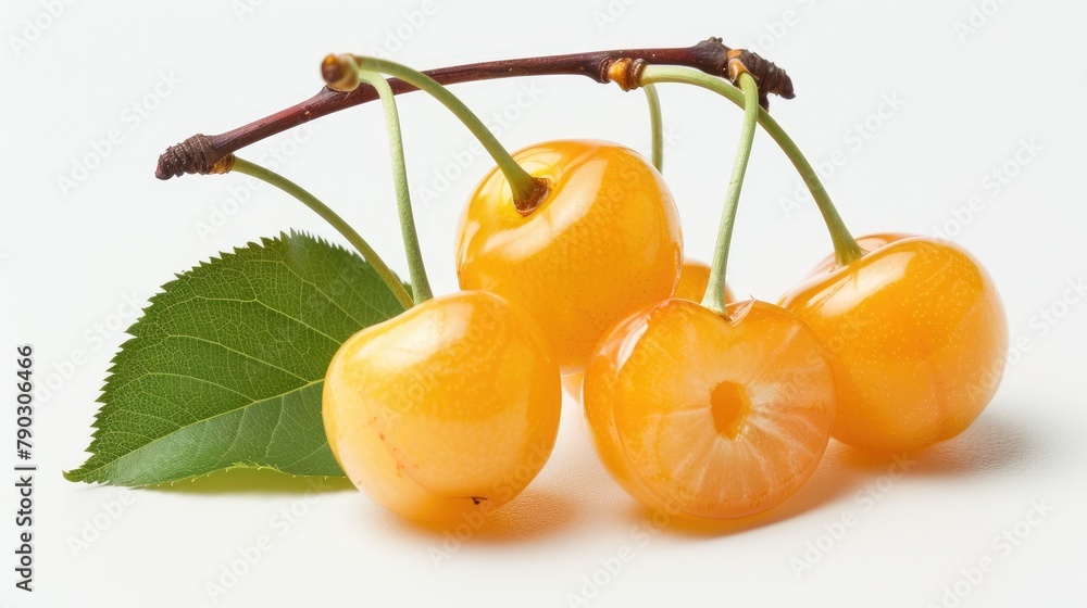 Poster yellow cherries grouped together on a single branch with a green leaf against a white backdrop three
