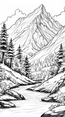 Fototapeta premium Nature: A coloring book page featuring a snowy mountain peak