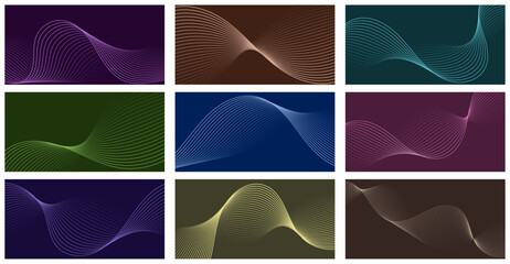 Big set of abstract backgrounds with waves for banner. Medium banner size. Vector background with lines. Element for design. Brochure, booklet. Blue, purple, green, pink, brown