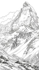 Fototapeta na wymiar Nature scenes Coloring Book: A scenic outline of a snow-covered mountain peak