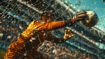 A man in an orange and black uniform holds a soccer ball confidently in front of a goal, embodying the role of a skilled goalkeeper.