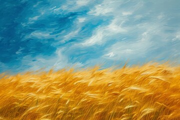 This photo showcases a beautifully painted wheat field with a clear blue sky in the background,...