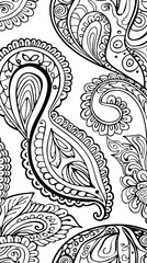 Paisley: A coloring book page featuring a paisley mandala, with intricate designs for coloring