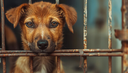 Two dogs are looking at the camera through a metal cage