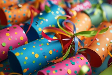 Obraz premium A lively bunch of colorful streamers featuring a ribbon fluttering in the wind, Bunch of colorful party poppers all set for a grand birthday, AI Generated